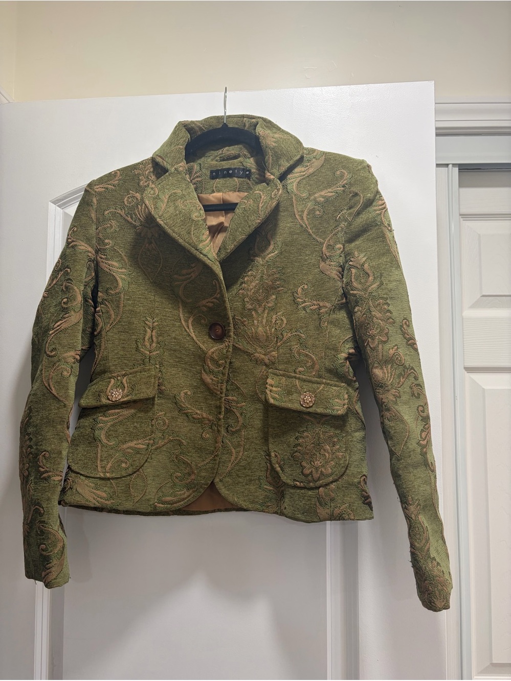 Vintage Ninety Green Tapestry Jacquard Blazer Floral Brocade Jacket